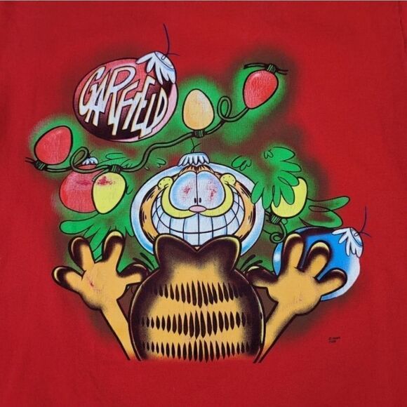 Vintage 80's Garfield Christmas Single Stitch Short Sleeve Graphic Tshirt Size L - Picture 3 of 5